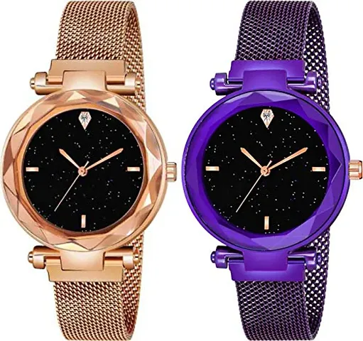 Kiarvi Gallery dial and 4 figer with and Magnetic Buckle Starry Belt Analog Watch Quartz Watch for Women