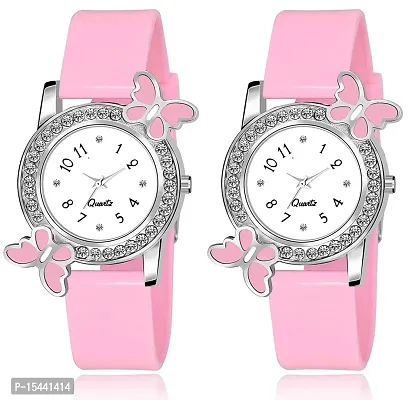 Acnos Pink Strap White Diamond Dial Analog Watch For Girls Best Design Butterfly Combo 2 Pack Of 2