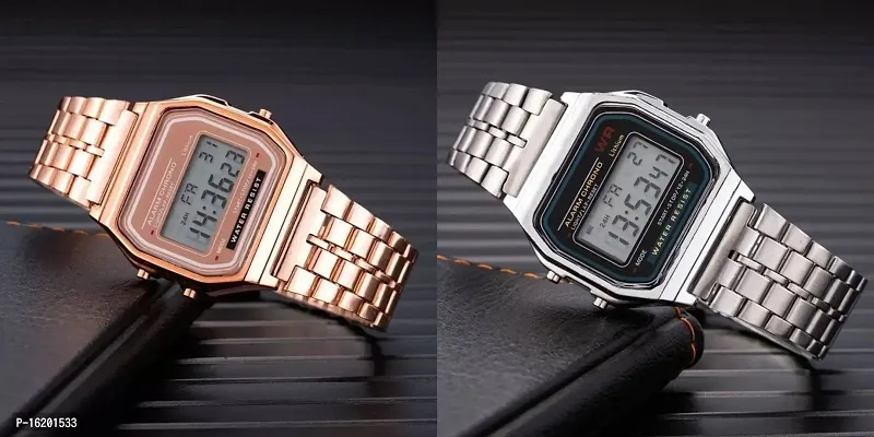 Acnos 2 Combo Digital Silver RoseGold Vintage Square Dial Unisex Water Resist Watch for Men Women Pack Of 2 (WR70)