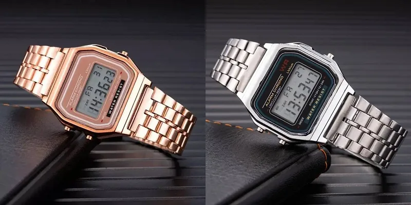 Acnos 2 Combo Digital Silver RoseGold Vintage Square Dial Unisex Water Resist Watch for Men Women Pack Of 2 (WR70)