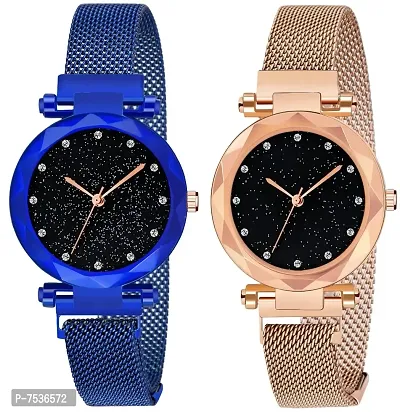 Acnos Blue and Rosegold Color 12 Point with Trending Magnetic Analogue Metal Strap Watches for Girl's and Women's Pack of - 2(DM-170-180)-thumb0