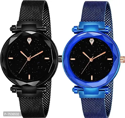 Acnos 4 Point Blue and Black Color with Trending Magnetic Analogue Metal Strap Watches for Girl's and Women's Pack of - 2(P-170-200)-thumb0