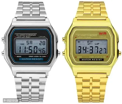 Stylish Multicoloured Stainless Steel Digital Watches For Men Pack Of 2-thumb0