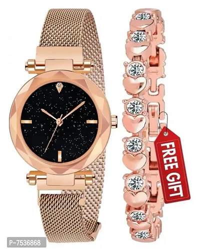 Acnos 4 Point Rose-Gold Magnet Strap Analogue Women's and Girls Watch Sweet Heart Rose-Gold Bracelet Combo for Girl's  Women's Watch (Set of 2)