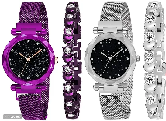 Stylish Stainless Steel Analog Watches with Bracelets For Women- 2 Bracelets, 2 Watches