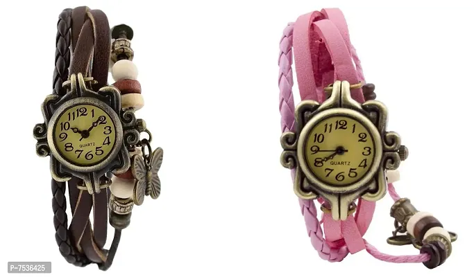 ACNOS Multi-Colored Strapes Analogue Watches Combo for Girls  Womens Pack of - 2 D_Brown-Light Pink-thumb0