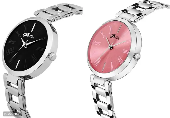 Acnos Pink and Black Dial Steel Strap Analogue Watches Combo for Women Pack of 2(T-Black-Pink)-thumb2