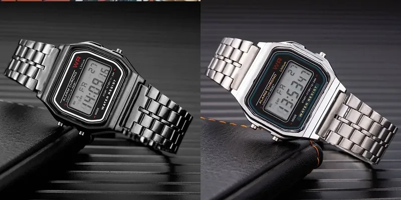 Acnos 2 Combo Digital Black Silver Vintage Square Dial Unisex Water Resist Watch for Men Women Pack Of 2 (WR70)
