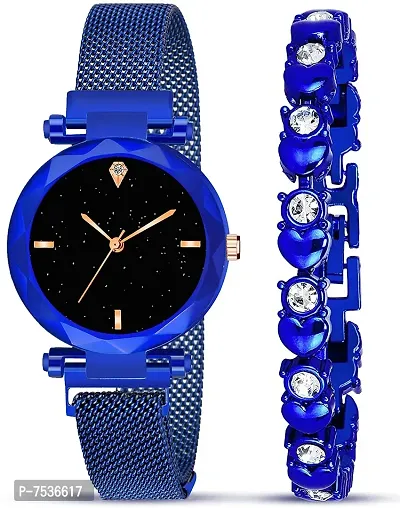 Acnos Brand - A Watch Analogue Plain Black Dial Blue Magnet Watch with Gift Bracelet for Women or Girls and Watch for Girl or Women (Combo of 3)-thumb3