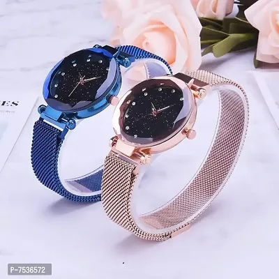 Acnos Blue and Rosegold Color 12 Point with Trending Magnetic Analogue Metal Strap Watches for Girl's and Women's Pack of - 2(DM-170-180)-thumb2