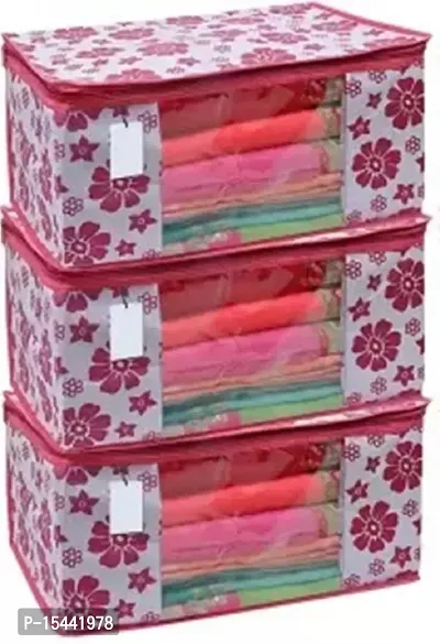 Acnos Metalic Pink Chain Flower Design 3 Piece Non Woven Large Size Saree Cover Set Pack Of 3 Pink and White