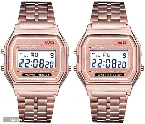 Acnos Brand 2 Combo Digital Rosegold Vintage Square Dial Unisex Water Resist Watch for Men Women Pack Of 2 (WR70)-thumb0