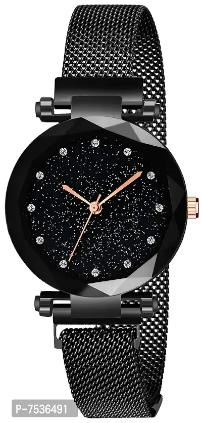 Acnos Black Round Diamond Dial with Latest Generation Black Magnet Belt Analogue Watch for Women Pack of - 1 (DM-BLACK08)