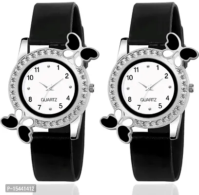 Acnos Black Strap White Diamond Dial Analog Watch For Girls Best Design Butterfly Combo 2 Pack Of 2