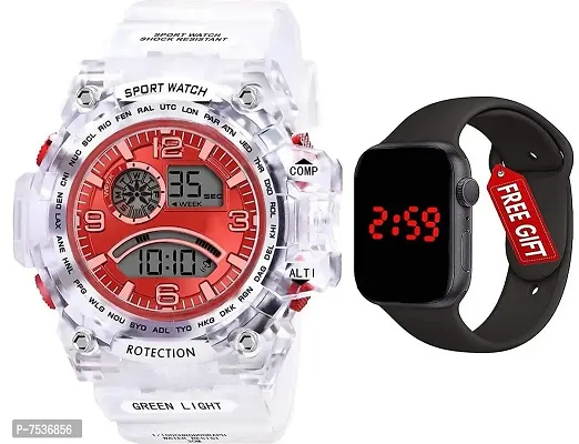 Acnos Brand - A Digital Watch with Square LED Shockproof Multi-Functional Automatic Red Dial White Strap Waterproof Digital Sports Watch for Men's Kids Watch for Boys - Watch for Men Pack of 2