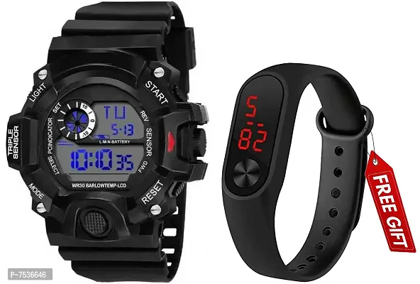 Acnos Brand - A Digital Watch with LED Shockproof Multi-Functional Automatic Black Boader Black Waterproof Digital Sports Watch for Men's Kids Watch for Boys - Watch for Men Pack of 2-thumb0