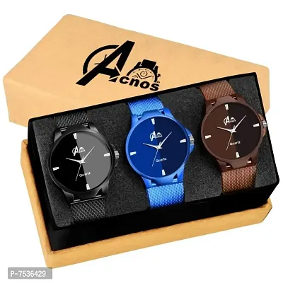 Acnos Brand - A Branded 3 Different Colors Black Blue and Brown Analogue Super Quality Stylish Watches for Mens/Watches for Boys Pack of 3