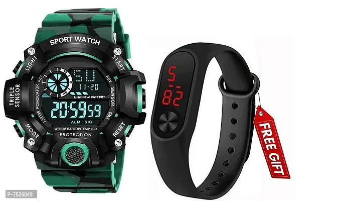 Acnos Brand - Digital Watch with Green Shockproof Multi-Functional Automatic 5 Color Army Strap Waterproof Digital Sports Watch for Men's Kids Watch for Boys - Watch for Men Pack of 2-thumb0