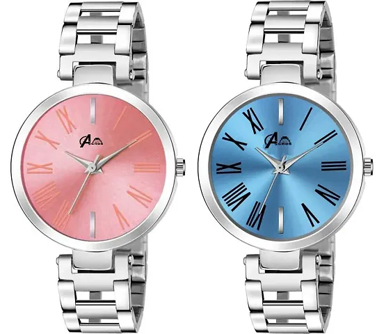 Acnos Multi Dial Silver Steel Strap Analogue Watches Combo for Girl's and Women's Pack of - 2