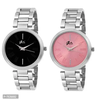 Acnos Black and Pink Dial Steel Strap Analogue Watches Combo for Girl's and Women's Pack of - 2(JL-Black-Pink DIAL)