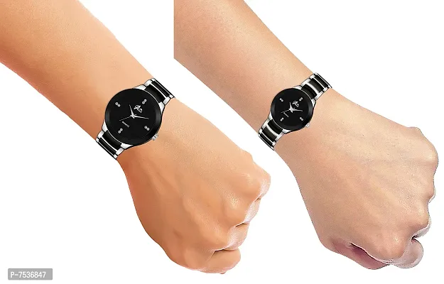 Acnos Plated Full Dial Couple Analog Watches for Men and Women (Black Silver) Pack of 2-thumb5