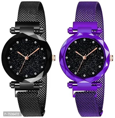 Acnos Purple and Black Color 12 Point with Trending Magnetic Analogue Metal Strap Watches for Girl's and Women's Pack of - 2(DM-190-200)-thumb0