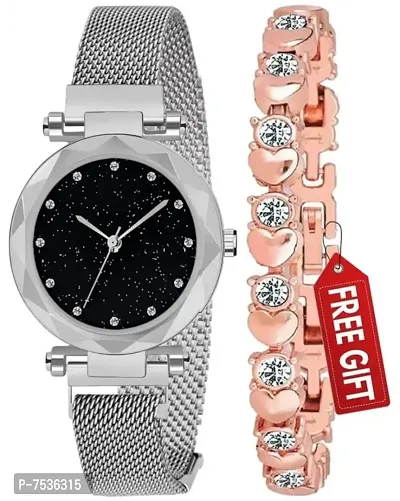 Acnos Combo Analogue Silver Magnet Watch Metal Band Ladies Watch and Girls and Women, Pack of 2 Watch and Chain Diamond Bracelet Gift Valentine's Day Special