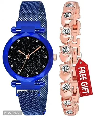 Acnos Combo Analogue Blue Magnet Watch Metal Band Ladies Watch Girls and Women, Pack of 2 Watch and Chain Diamond Bracelet Gift Valentine's Day Special