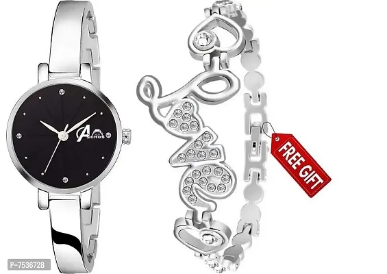 Acnos Brand - Analogue Women's Watch Black Dial Silver Colored Strap with Love Silver bracelete for Girl's or Women Pack of 2 Girl-thumb0