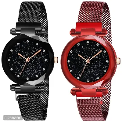 Acnos Black and Red Color 12 Point with Trending Magnetic Analogue Metal Strap Watches for Girl's and Women's Pack of - 2(DM-200-210)