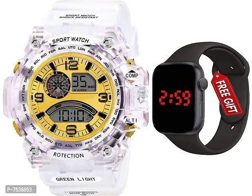 Acnos Brand - A Digital Watch with Square LED Shockproof Multi-Functional Automatic Yellow Dial White Strap Waterproof Digital Sports Watch for Men's Kids Watch for Boys - Watch for Men Pack of 2