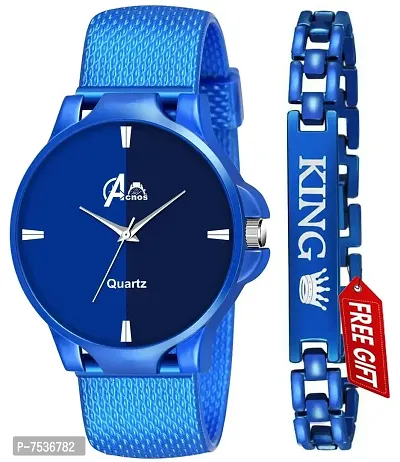ACNOS Brand Design Stylish Blue DIAL PU Strap Black King Bracelet Combo Set for Men Analog Watch for Boys Men Watches Pack of 2