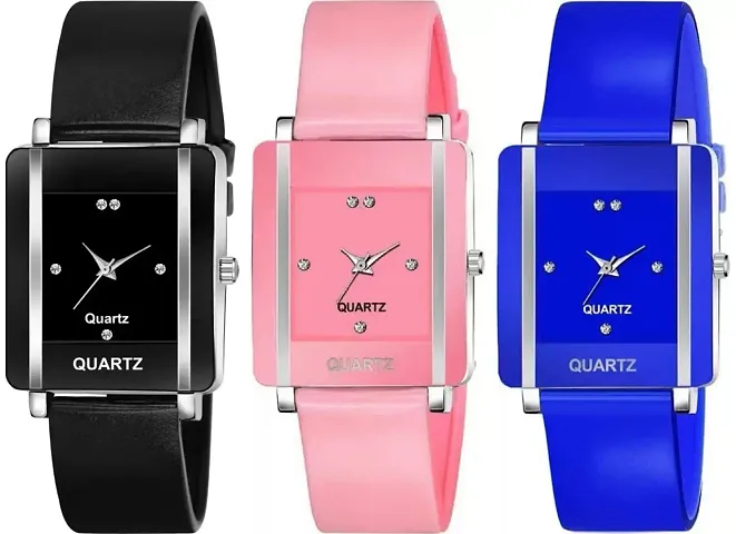 Stylish PU Analog Watches For Women- 3 Pieces