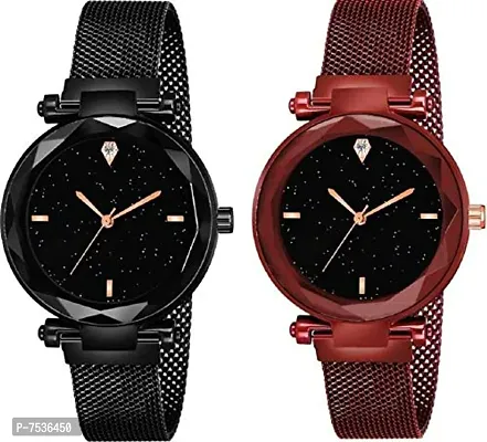 Acnos 4 Point Black and Red Color with Trending Magnetic Analogue Metal Strap Watches for Girl's and Women's Pack of - 2(P-200-210)