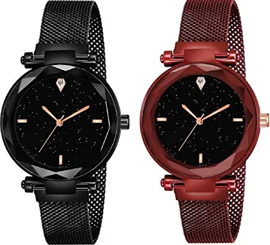 Acnos 4 Point and Color with Trending Magnetic Analogue Metal Strap Watches for Girl's and Women's Pack of - 2(P-200-210)