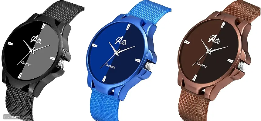 Acnos Brand - A Branded 3 Different Colors Black Blue and Brown Analogue Super Quality Stylish Watches for Mens/Watches for Boys Pack of 3-thumb2