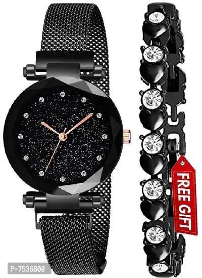 Acnos Black Magnet Strap Analogue Women's and Girls Watch Sweet Heart Black Bracelet Combo for Girl's  Women's Watch (Set of 2)-thumb0