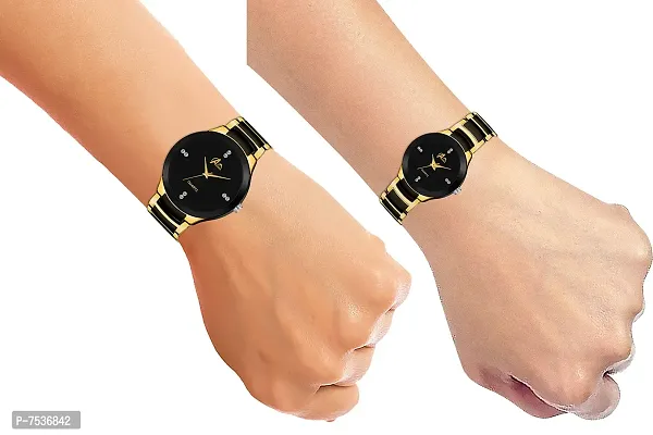 Acnos Plated Full Black Dial Couple Analog Watches for Men and Women (Black Gold) Pack of 2-thumb5