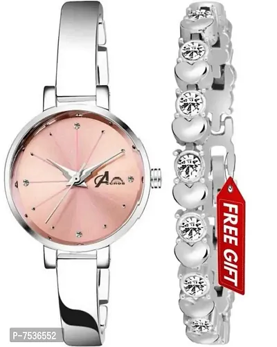 Acnos Brand - Analogue Women's Watch for Women with Heart shap bracelete for Girl's or Women (Pink Dial Silver Colored Strap) Pack of 2 Valentine SPACIAL