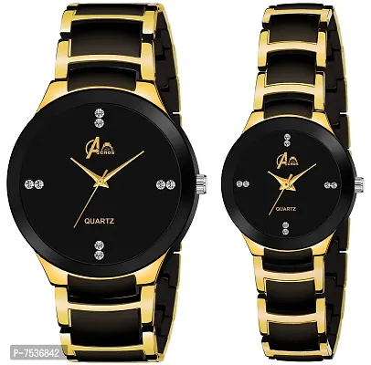 Acnos Plated Full Black Dial Couple Analog Watches for Men and Women (Black Gold) Pack of 2