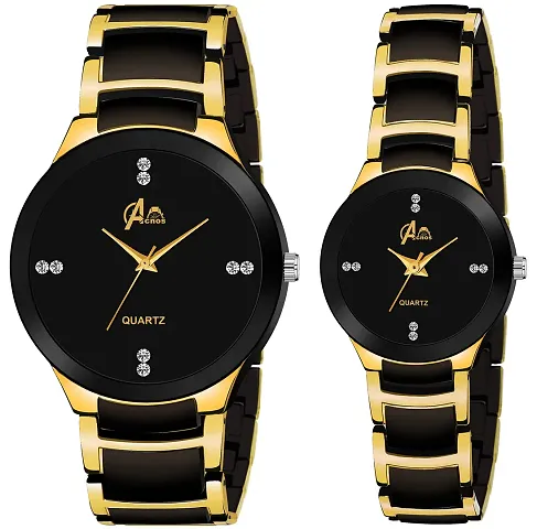 Acnos Plated Full Dial Couple Analog Watches for Men and Women (Black Gold) Pack of 2