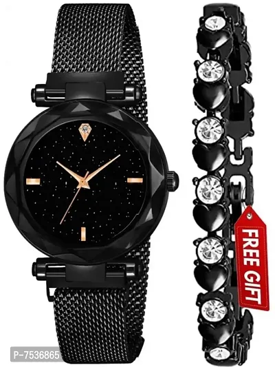 Acnos 4 Point Black Magnet Strap Analogue Women's and Girls Watch Sweet Heart Black Bracelet Combo for Girl's  Women's Watch (Set of 2)-thumb0