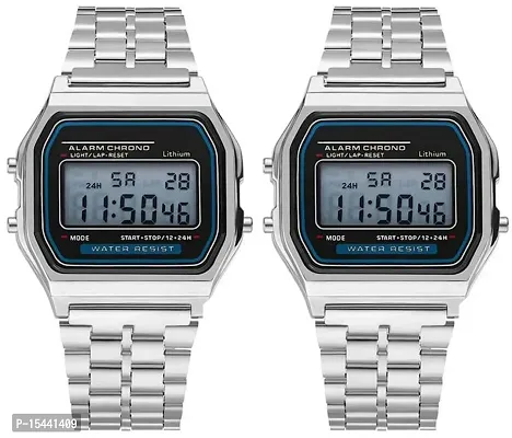 Acnos Brand 2 Combo Digital Silver Vintage Square Dial Unisex Water Resist Watch for Men Women Pack Of 2 (WR70)-thumb0