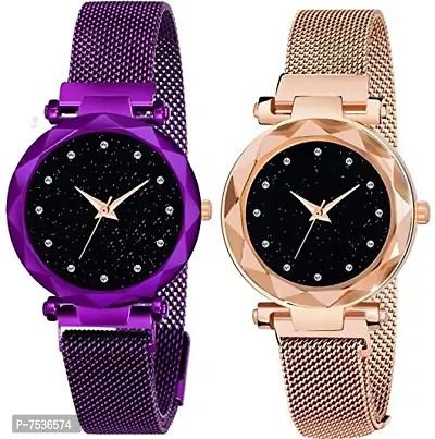 Acnos Rose-Gold and Purple Color 12 Point with Trending Magnetic Analogue Metal Strap Watches for Girl's and Women's Pack of - 2(DM-180-190)