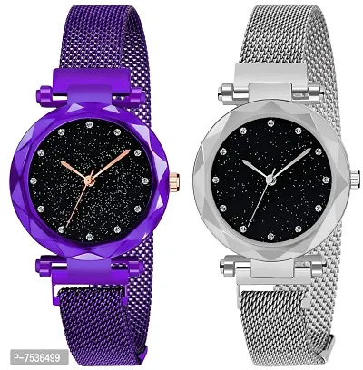 Acnos Purple and Silver Color 12 Point with Trending Magnetic Analogue Metal Strap Watches for Girl's and Women's Pack of - 2(DM-190-220)
