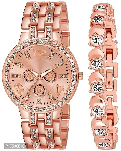 Acnos Branded Rose Gold Diamond Watch with Big Shape Heart Rose Gold Bracelet for Girls Watch for Women Pack of 2