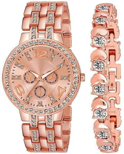 Acnos Brand Rose Gold Diamond Analog Round Watch with 3 Beautifull Bracelet for Women Watch for Girls Pack of 2