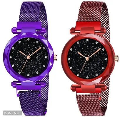 Acnos Purple and Red Color 12 Point with Trending Magnetic Analogue Metal Strap Watches for Girl's and Women's Pack of - 2(DM-190-210)