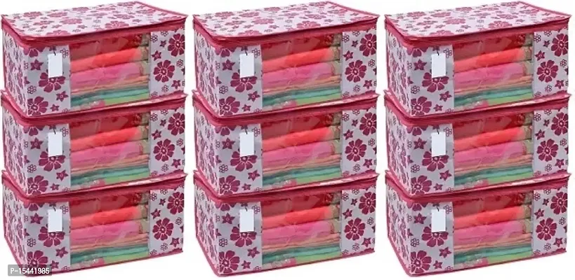 Acnos Metalic Pink Chain Flower Design 9 Piece Non Woven Large Size Saree Cover Set Pack Of 9 Pink and White