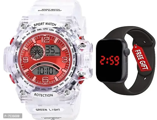 Acnos Brand - A Digital Watch Square LED Shockproof Multi-Functional Automatic Red Dial White Strap Waterproof Digital Sports Watch for Men's Kids Watch for Boys - Watch for Men Pack of 2-thumb0